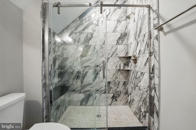 full bathroom with toilet and a shower stall