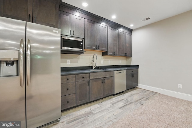 kitchen with visible vents, dark countertops, a sink, light wood finished floors, and stainless steel appliances
