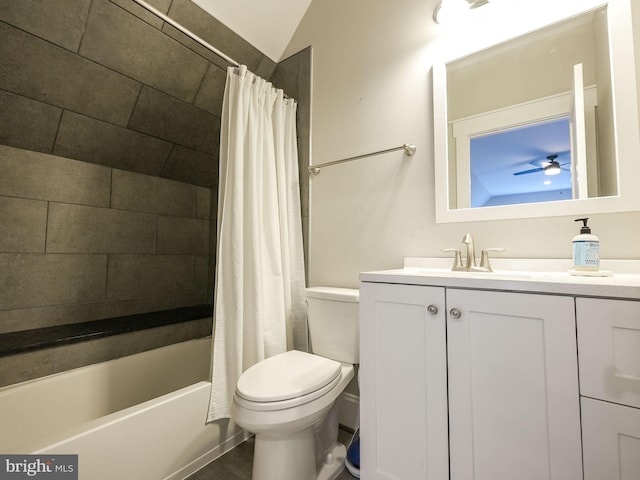 bathroom with ceiling fan, vanity, toilet, shower / bathtub combination with curtain, and lofted ceiling