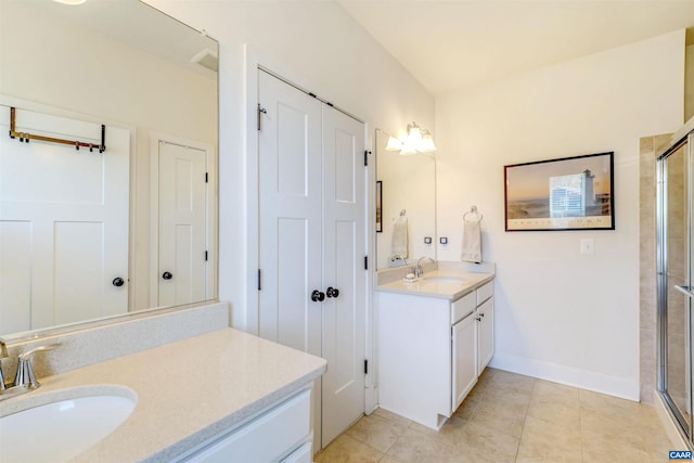 bathroom featuring a sink, tile patterned flooring, a shower stall, and two vanities