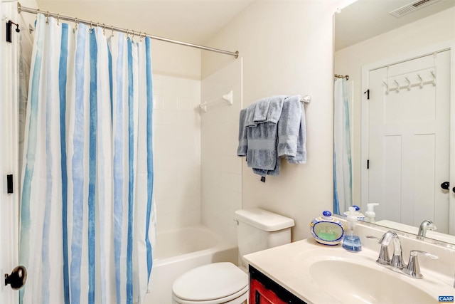 full bath featuring visible vents, shower / bath combo, toilet, and vanity