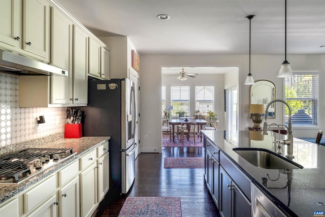 kitchen with plenty of natural light, a sink, appliances with stainless steel finishes, and dark wood-style floors