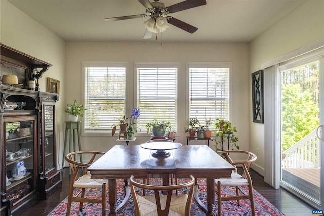 dining room with ceiling fan and dark wood-style floors