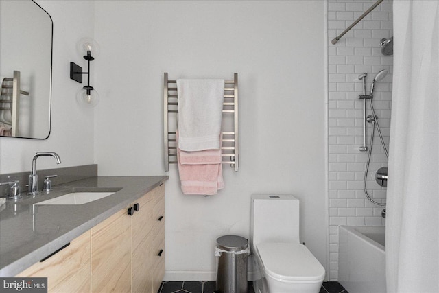 full bath with radiator heating unit, vanity, toilet, and  shower combination