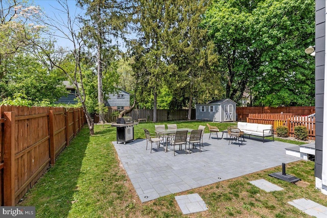 view of yard featuring a fenced backyard, a storage unit, an outbuilding, and a patio