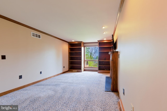 unfurnished living room featuring carpet, recessed lighting, baseboards, visible vents, and ornamental molding
