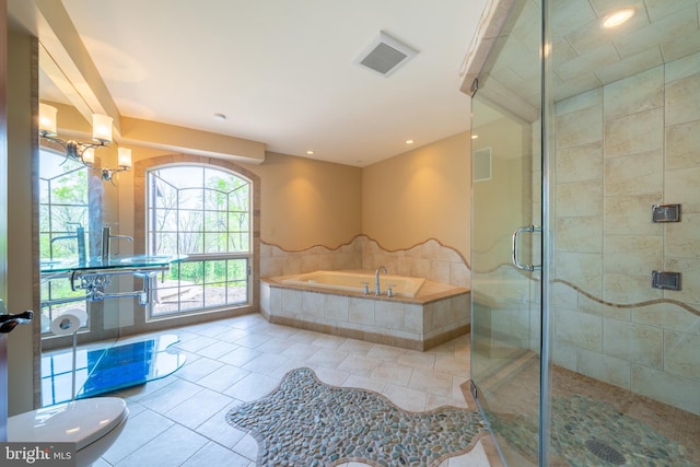 full bath featuring visible vents, recessed lighting, tile patterned floors, a bath, and a shower stall