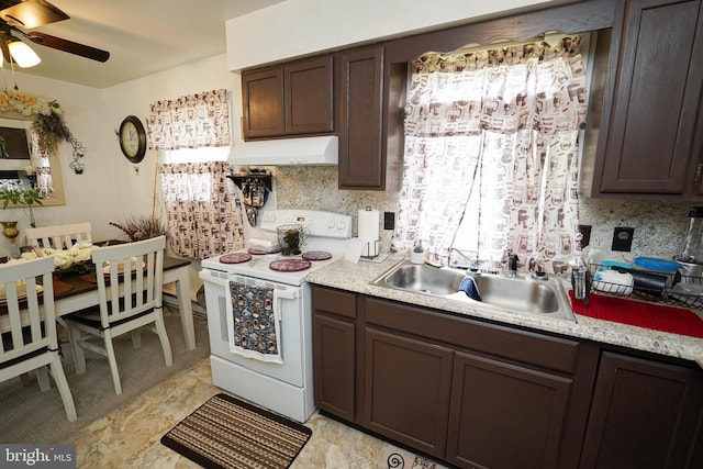 435 N St, Milford, DE 19963 - kitchen with electric range, dark brown cabinetry, ceiling fan, under cabinet range hood, and a sink