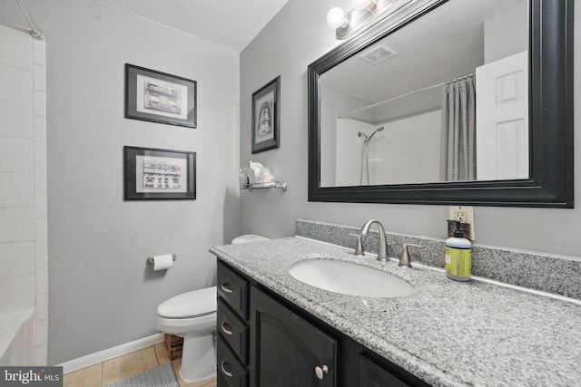 13003 Standish Ct, Woodbridge, VA 22192 - bathroom featuring a shower with shower curtain, toilet, vanity, baseboards, and tile patterned floors