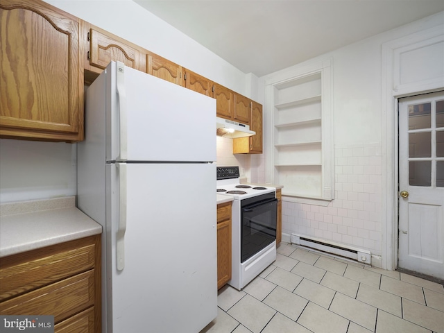 kitchen with baseboard heating, under cabinet range hood, white appliances, light tile patterned flooring, and open shelves