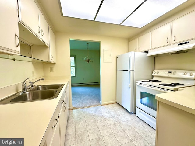 kitchen with baseboard heating, a sink, light countertops, under cabinet range hood, and white appliances