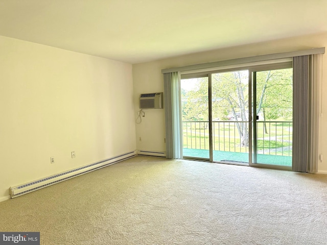 spare room featuring carpet floors, a wall mounted AC, and a baseboard radiator