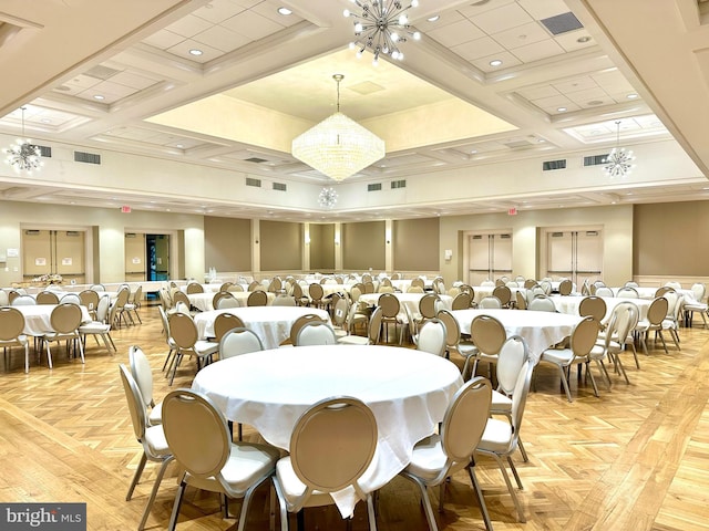dining room with visible vents, coffered ceiling, and a chandelier