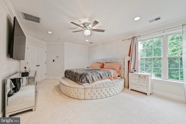 12405 Hillantrae Dr, Clinton, MD 20735 - carpeted bedroom with baseboards, recessed lighting, crown molding, and a ceiling fan