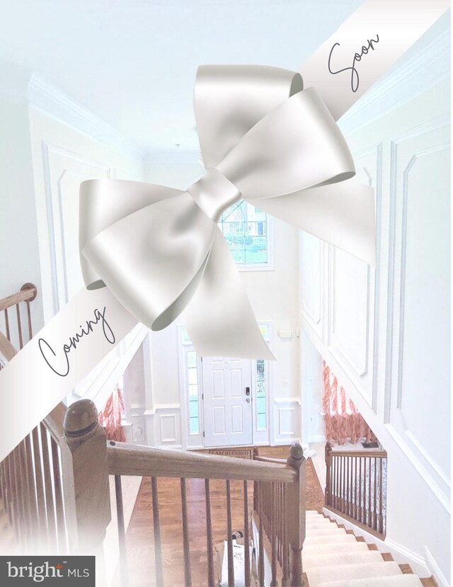 12405 Hillantrae Dr, Clinton, MD 20735 - staircase featuring wood finished floors, a towering ceiling, and a decorative wall
