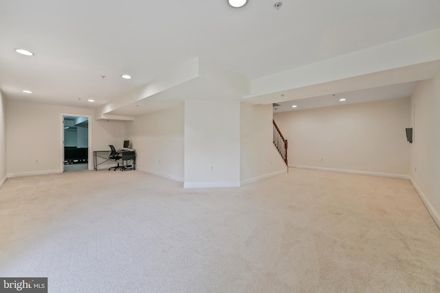 12405 Hillantrae Dr, Clinton, MD 20735 - finished basement with light carpet, recessed lighting, baseboards, stairs, and an office area