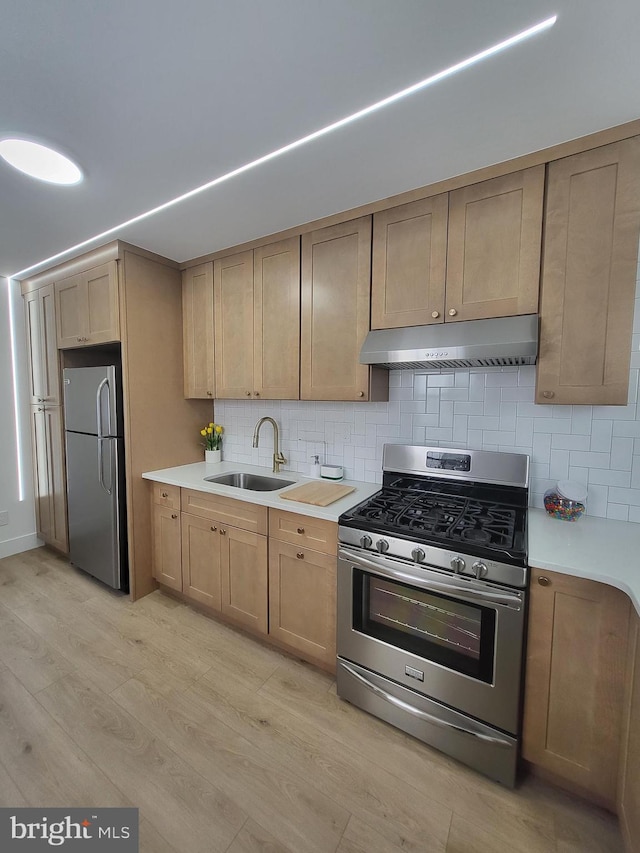 kitchen with appliances with stainless steel finishes, a sink, light countertops, light wood-style floors, and under cabinet range hood