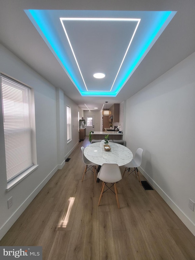 dining area with baseboards, plenty of natural light, wood finished floors, and a raised ceiling