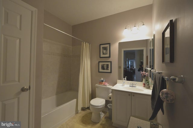 full bathroom with tile patterned floors, shower / bath combination with curtain, toilet, and vanity