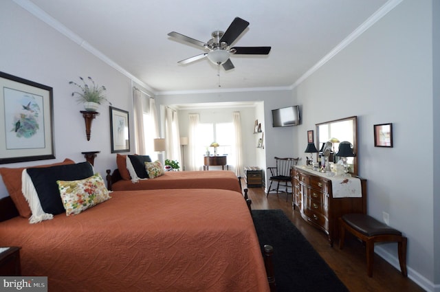 bedroom featuring ceiling fan, wood finished floors, and ornamental molding