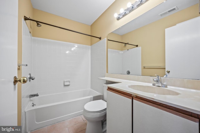 full bathroom featuring shower / tub combination, tile patterned flooring, vanity, toilet, and visible vents