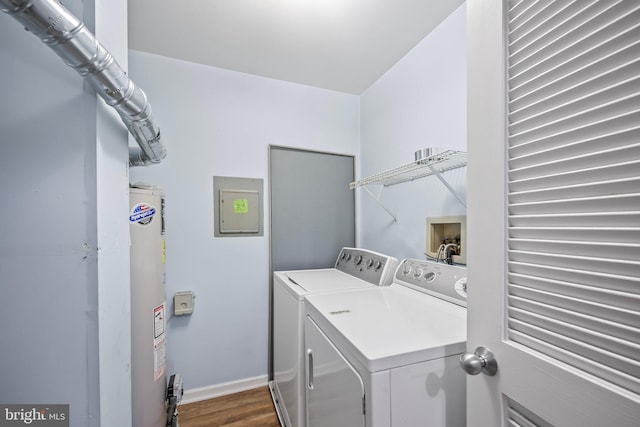 230 Mill Run Ct, Hightstown, NJ 08520 - laundry area with laundry area, dark wood-type flooring, electric panel, independent washer and dryer, and water heater