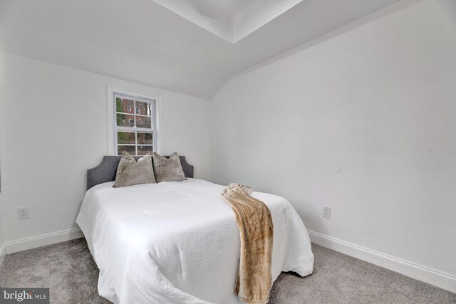 carpeted bedroom with baseboards and lofted ceiling