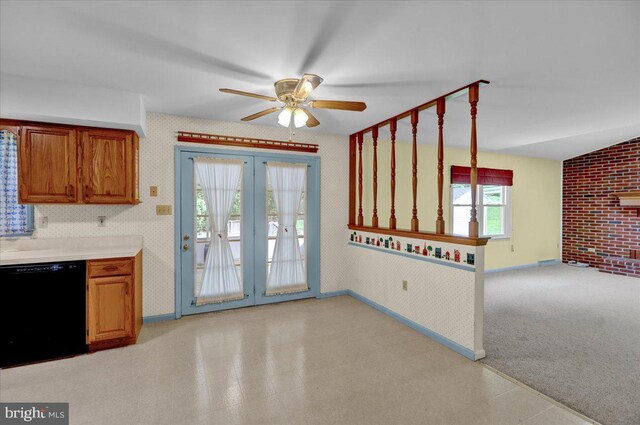 kitchen featuring ceiling fan, french doors, black dishwasher, baseboards, and wallpapered walls