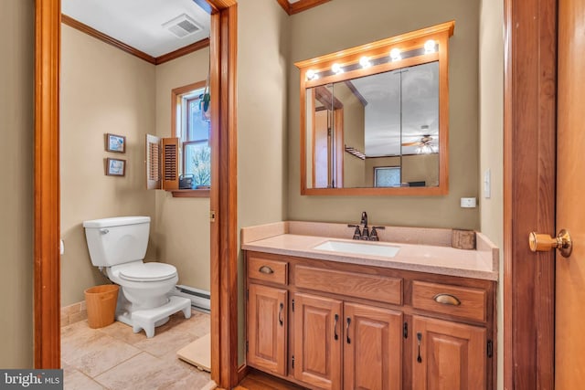 bathroom with crown molding, toilet, baseboards, a baseboard radiator, and visible vents