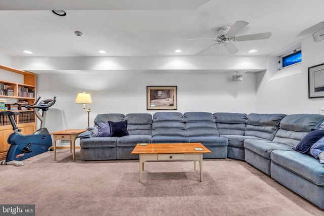 living room featuring carpet flooring, recessed lighting, and ceiling fan