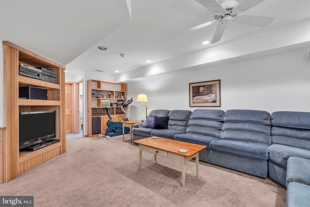living room with carpet flooring, recessed lighting, and a ceiling fan