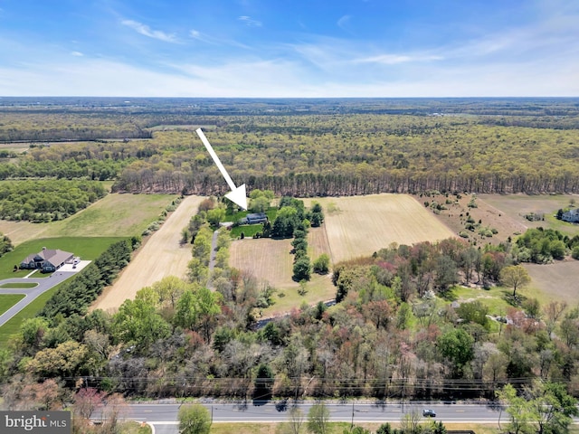 birds eye view of property with a rural view and a forest view