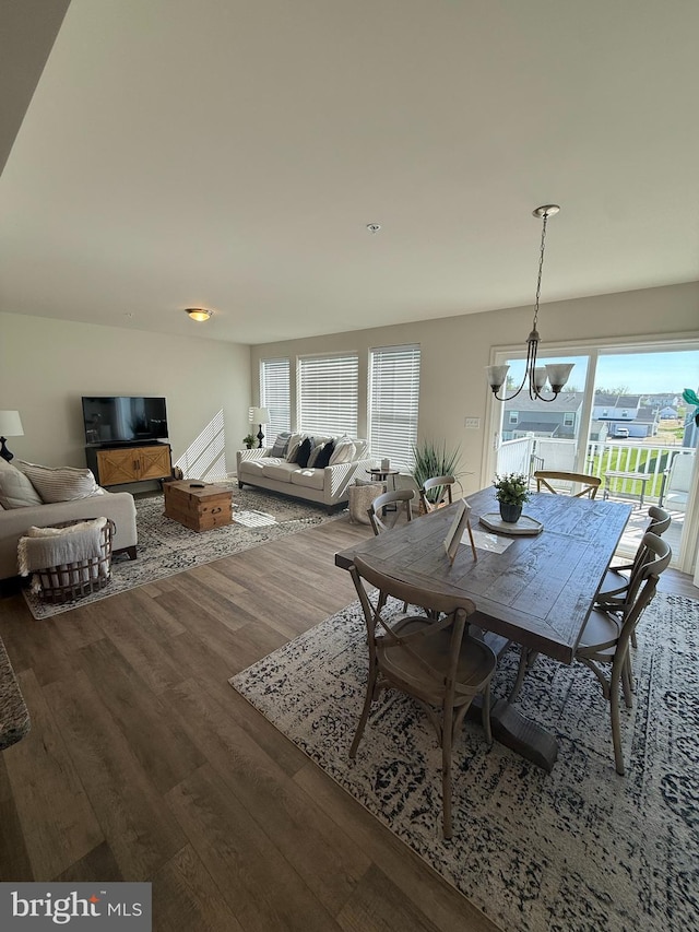 dining room featuring a wealth of natural light, wood finished floors, and a notable chandelier