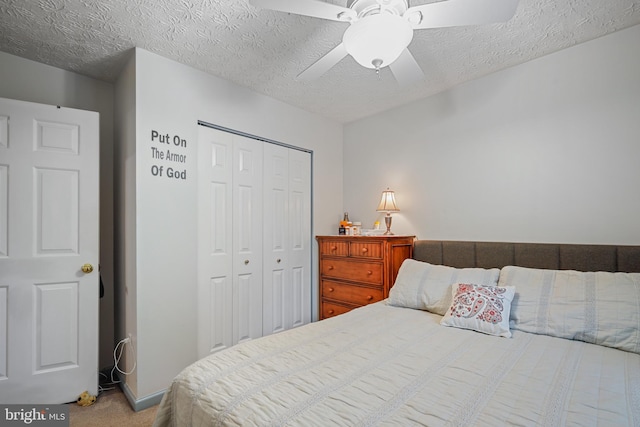 7815 Shallowbrook Ct, Severn, MD 21144 - carpeted bedroom featuring a ceiling fan, a closet, and a textured ceiling