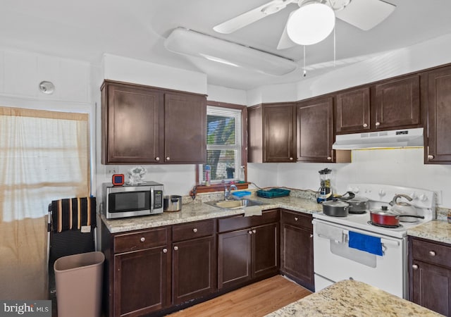 kitchen featuring white range with electric stovetop, under cabinet range hood, stainless steel microwave, a sink, and a ceiling fan