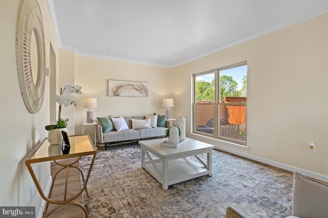 living area with crown molding, baseboards, and wood finished floors