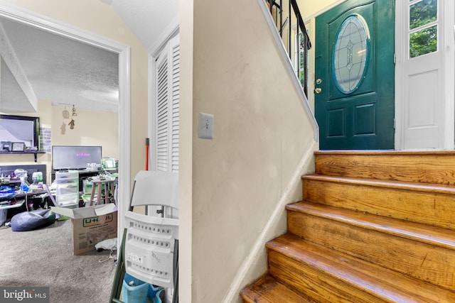 1806 Cranberry Ln, Reston, VA 20191 - staircase featuring carpet flooring and a textured ceiling