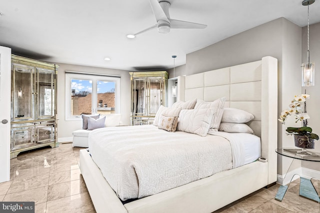 bedroom with baseboards, recessed lighting, and ceiling fan