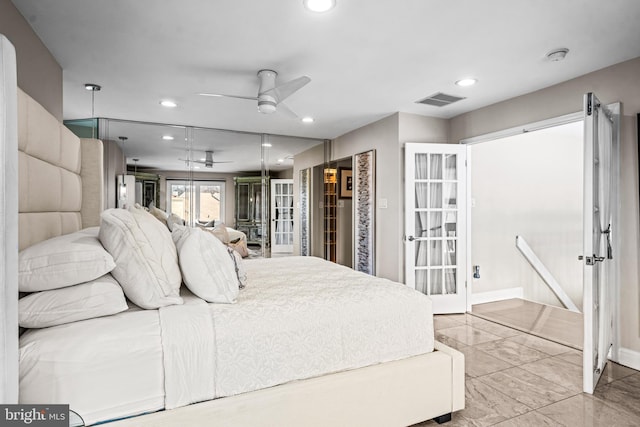 bedroom featuring french doors, recessed lighting, baseboards, and visible vents