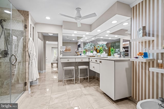 bathroom featuring recessed lighting, baseboards, a stall shower, and wallpapered walls