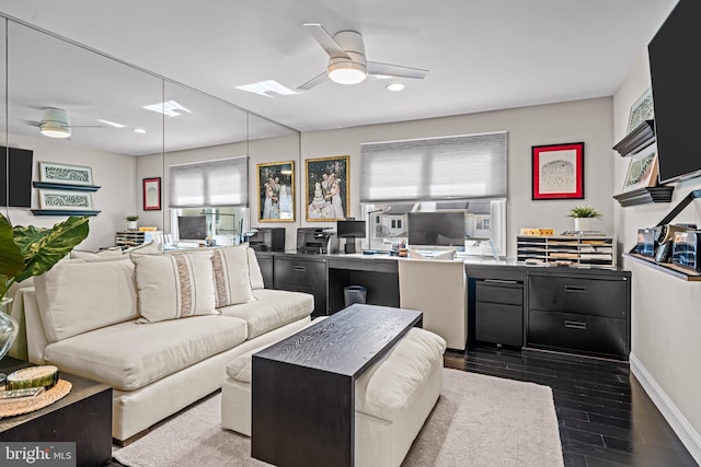 living room with recessed lighting, ceiling fan, a healthy amount of sunlight, and dark wood-type flooring