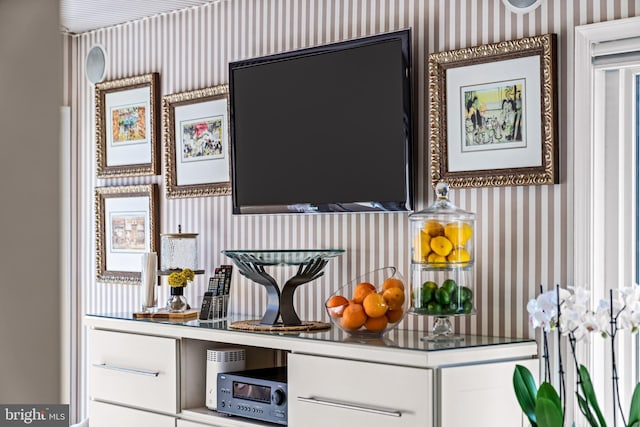 bar with wallpapered walls