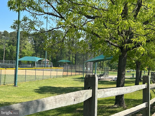view of community featuring a lawn and fence