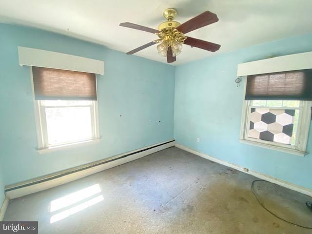 unfurnished room with baseboards, ceiling fan, and baseboard heating