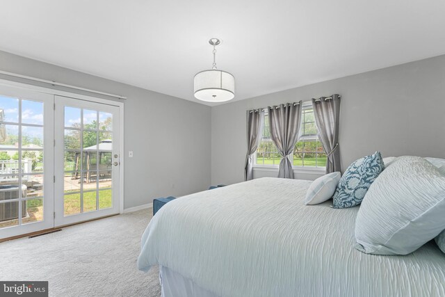 carpeted bedroom with baseboards and access to exterior