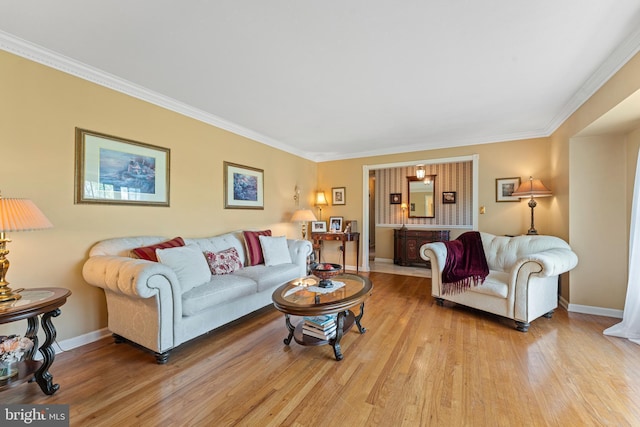 living area featuring crown molding, baseboards, and wood finished floors