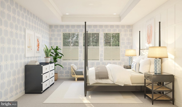 carpeted bedroom with crown molding, a raised ceiling, recessed lighting, and wallpapered walls