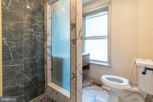 full bathroom featuring a walk in shower, marble finish floor, visible vents, and toilet