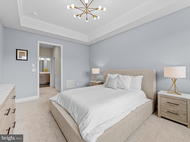 bedroom with a notable chandelier, light carpet, a raised ceiling, visible vents, and ornamental molding