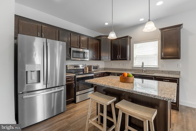 kitchen featuring wood finished floors, dark brown cabinetry, light stone countertops, a sink, and stainless steel appliances